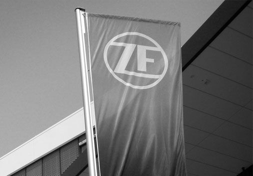 ZF logo on flag outside building