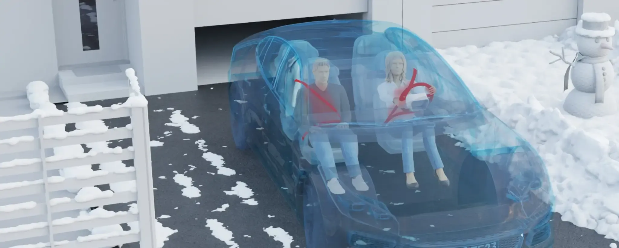Mann und Frau sitzen im Auto, Schnee um das Fahrzeug herum.