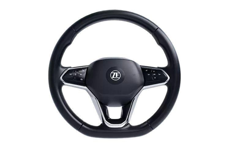 Lenkrad mit ZF-Logo und Bedienelementen