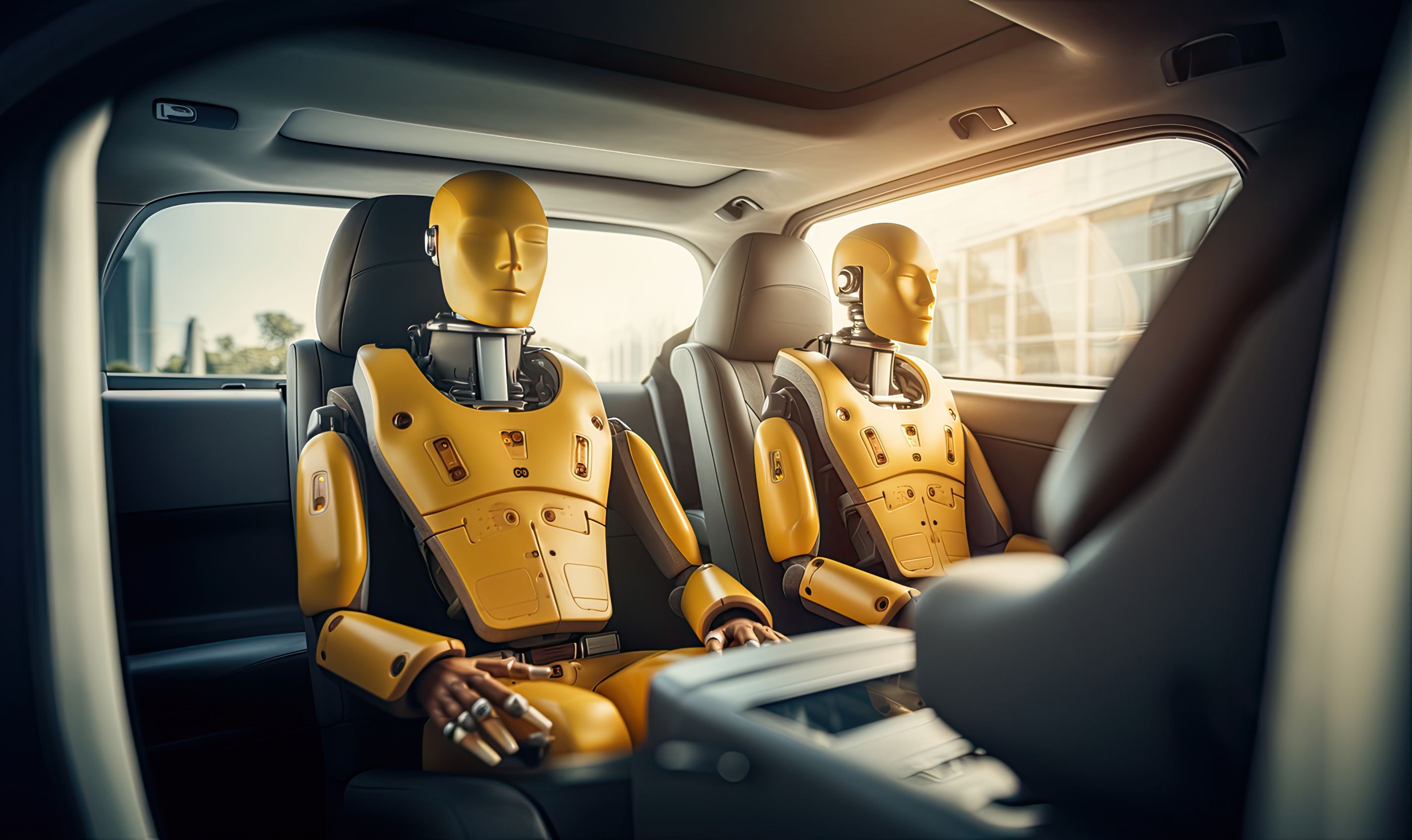 Zwei gelbe Crash-Test-Dummies auf den Vordersitzen eines Autos