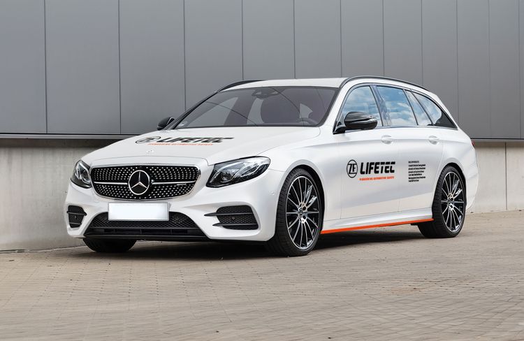 White demo car with ZF Lifetec logo 